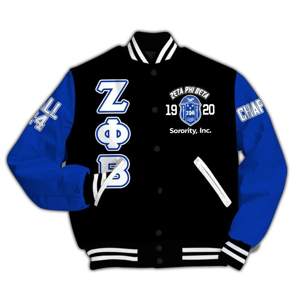 Zeta Phi Beta Custom Chapter Varsity Jacket, Personalized Black Jacket Blue Sleeves Z Phi B Jacket 1920 Zeta Phi Beta Sorority Jacket